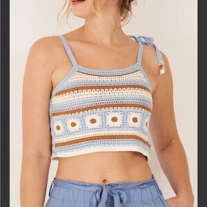 New In Crochet Striped floral Crop Top - Blue, cream , Brown sz M
